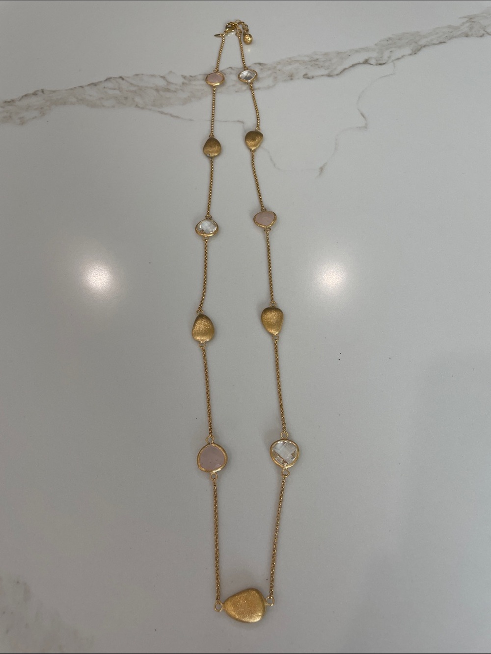 Gold Long Necklace with Pink and Clear Stone Accents
